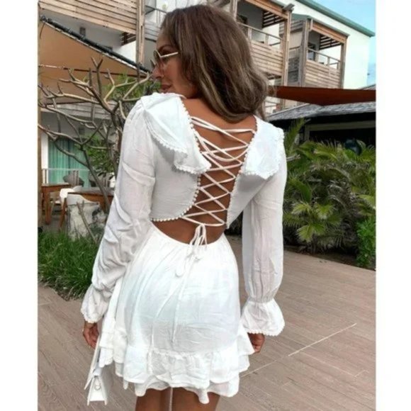 White Long Sleeve V-Neck Open Back Ruffle Hem Mini Dress - Picture 12 of 15